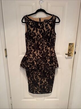 Tadashi Shoji Black Lace Peplum Midi Dress with Tan Underlay
